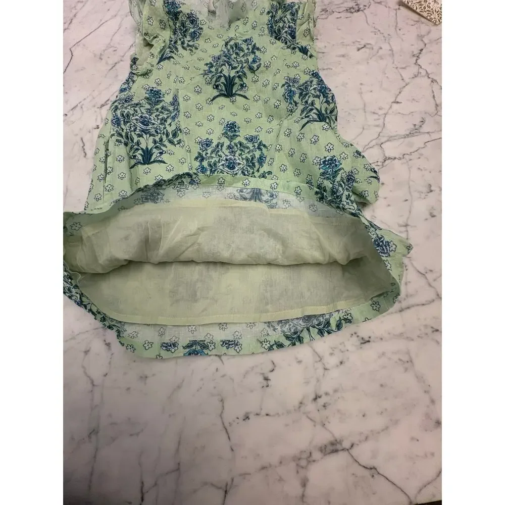 Roller Rabbit Yarrow Brenna Green Blue Floral Print Girls lined Linen Dress 6